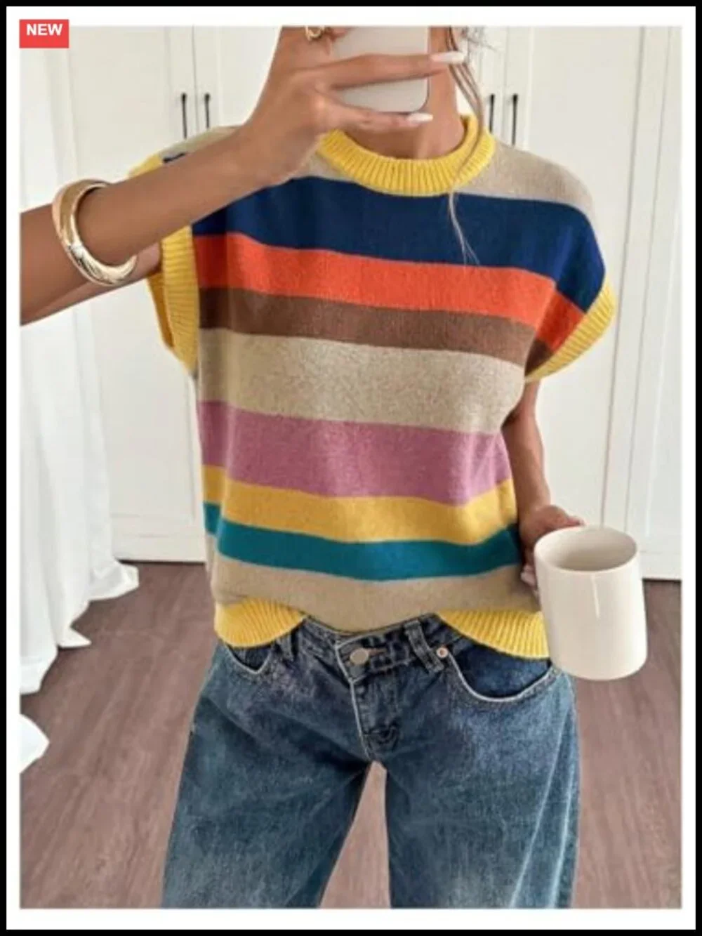 Striped Knit Pullover Sweater Vest Cap Sleeve Dolman Loose